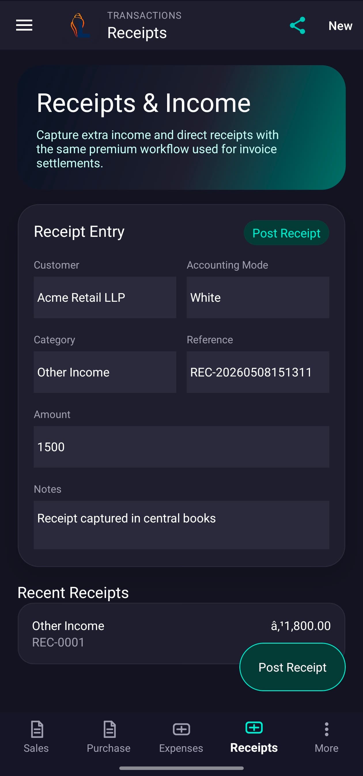 LordistBook mobile receipt and income screen displaying income entries, payment receipts, and transaction history