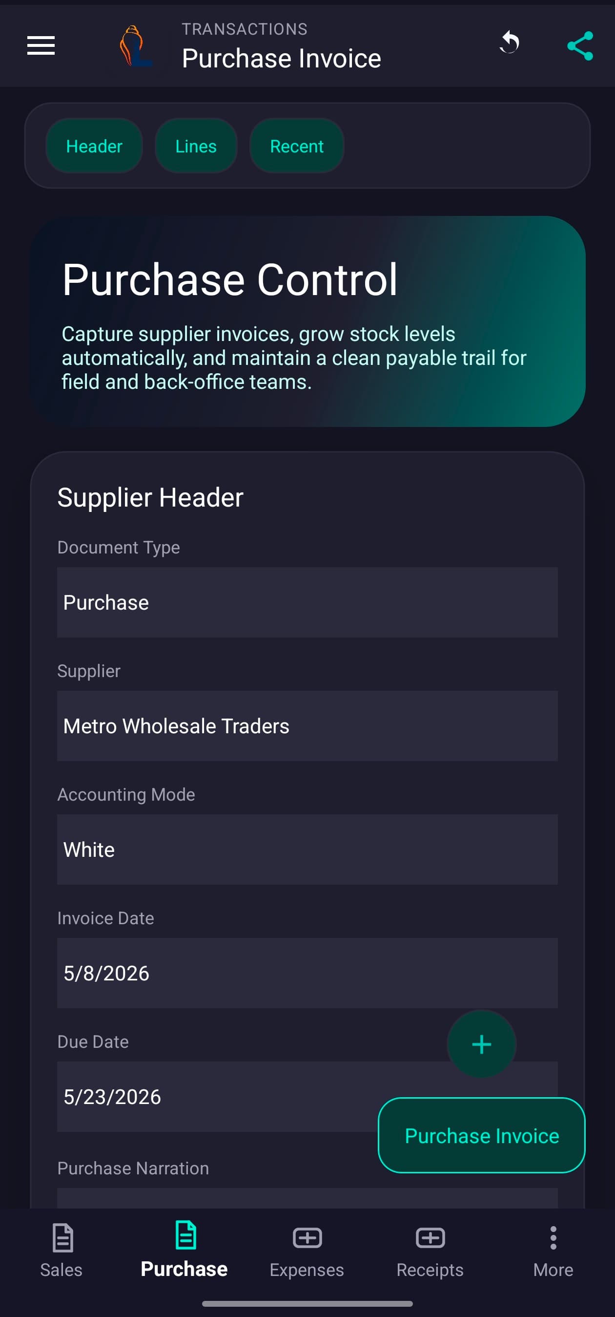 LordistBook mobile purchase control screen with supplier purchases, stock updates, and invoice management
