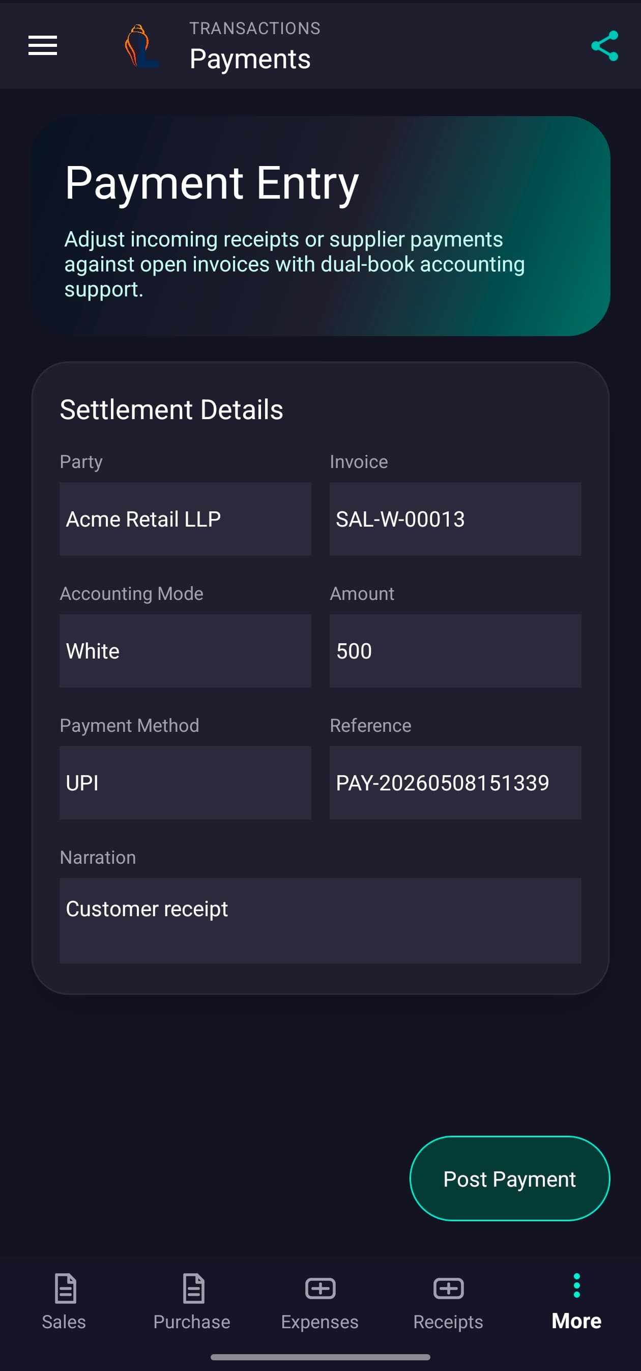 LordistBook mobile payment entry screen with payment details, account transactions, and entry management
