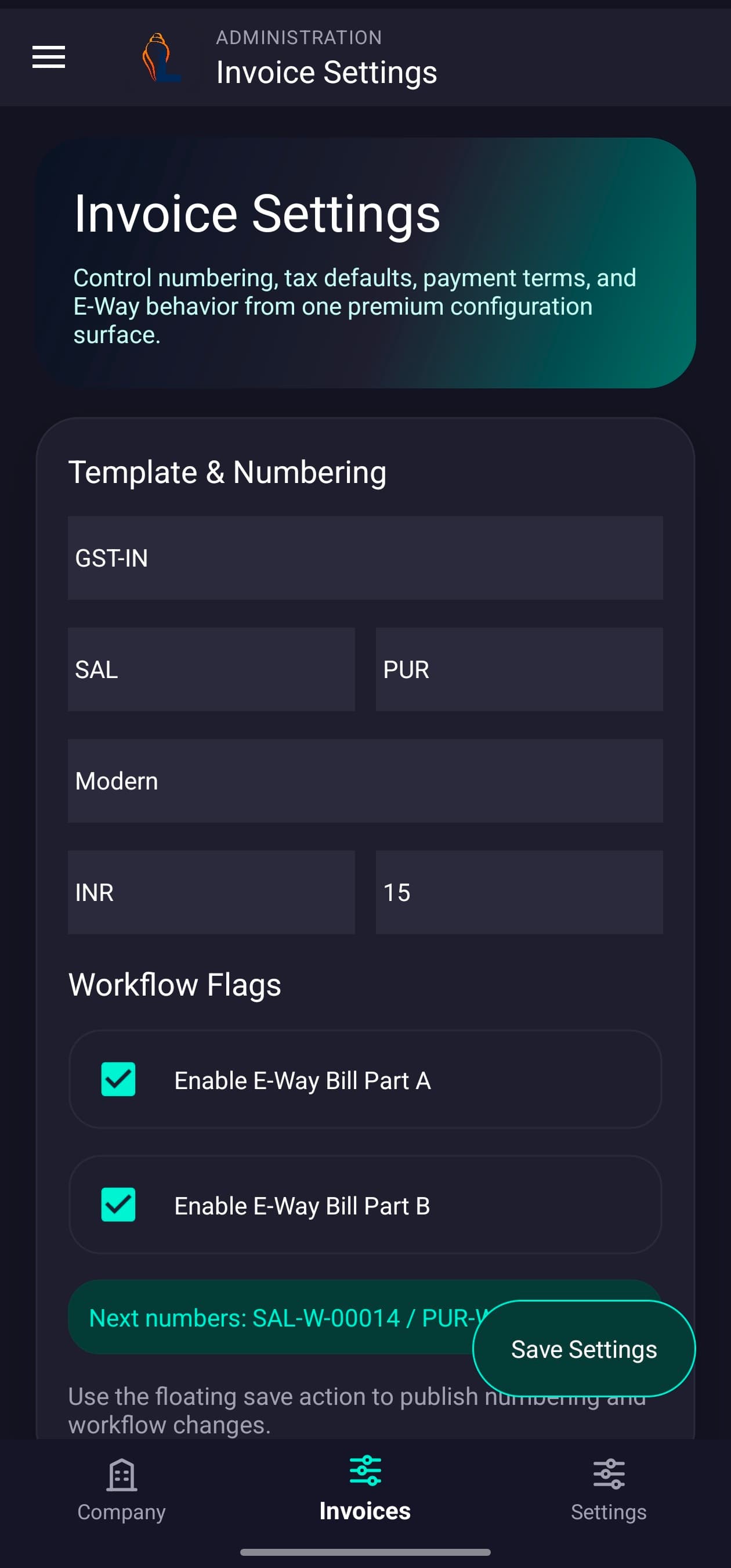 LordistBook mobile invoice settings screen with invoice customization, tax configuration, and billing preferences