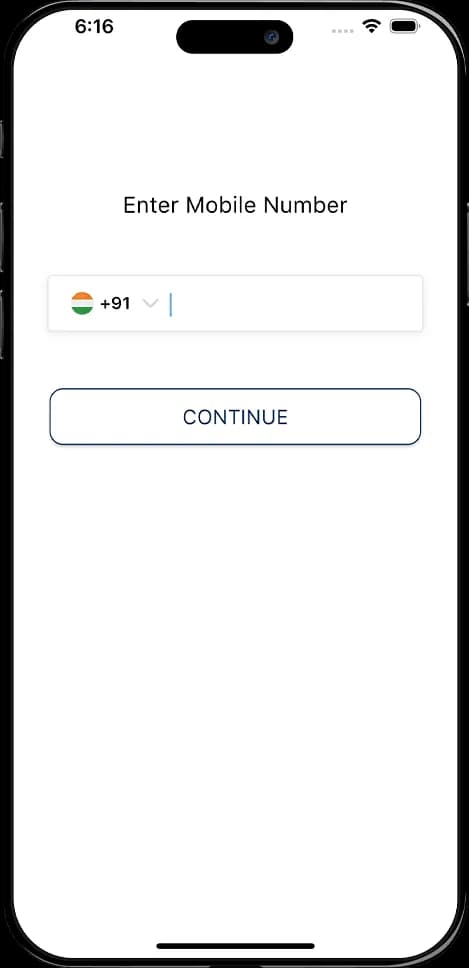 Mobile app login screen showing mobile number input with country code selection and continue button for OTP verification