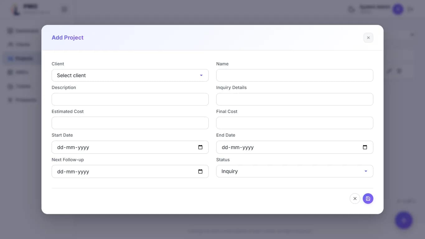 PMO project timeline screen with Gantt chart for schedule management, task dependencies, and project workflow tracking
