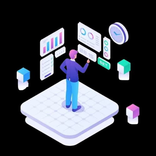 Illustration of a professional managing project data dashboards with charts, tasks, and time tracking