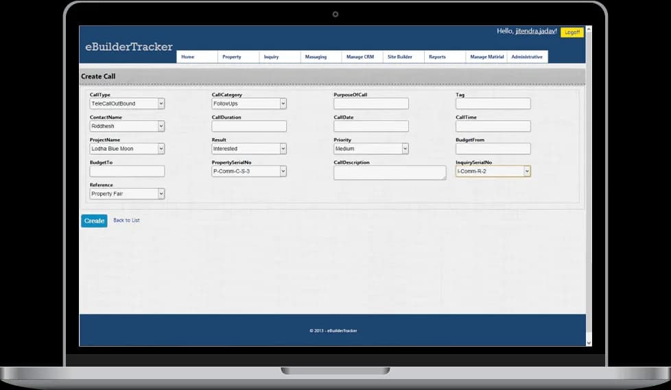Real estate CRM call entry screen for inquiry follow-up and customer interaction management