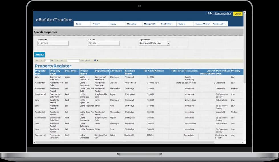 Real estate property register dashboard showing property listings, project locations, and pricing records