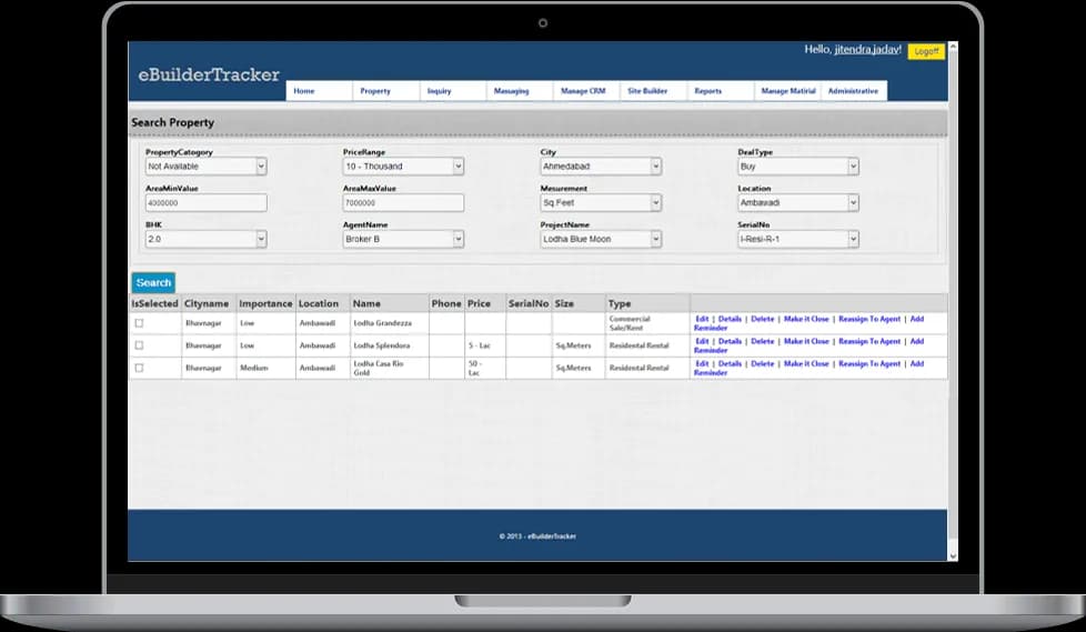 Real estate property search dashboard with advanced filters for price, city, and project types