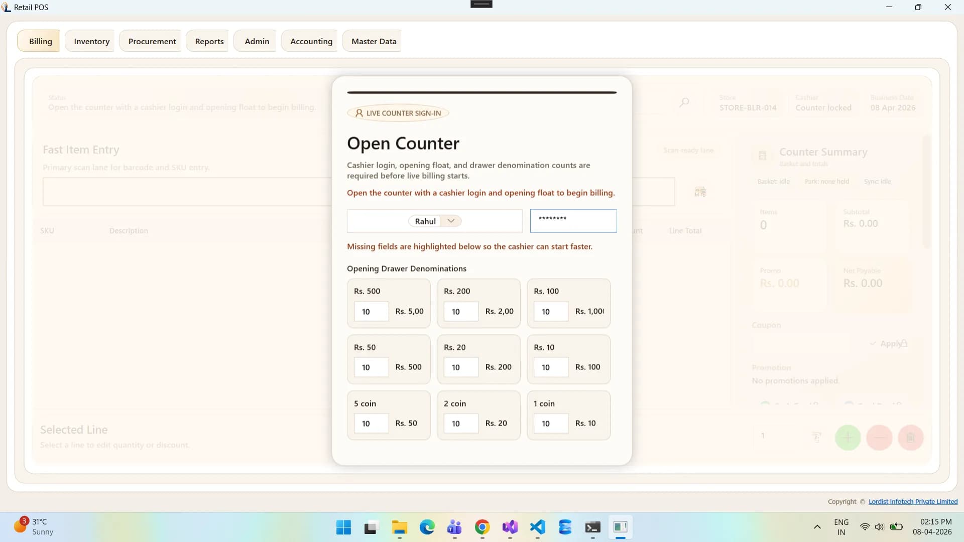 Retail POS billing screen with product rows, quantity details, item rates, and checkout totals