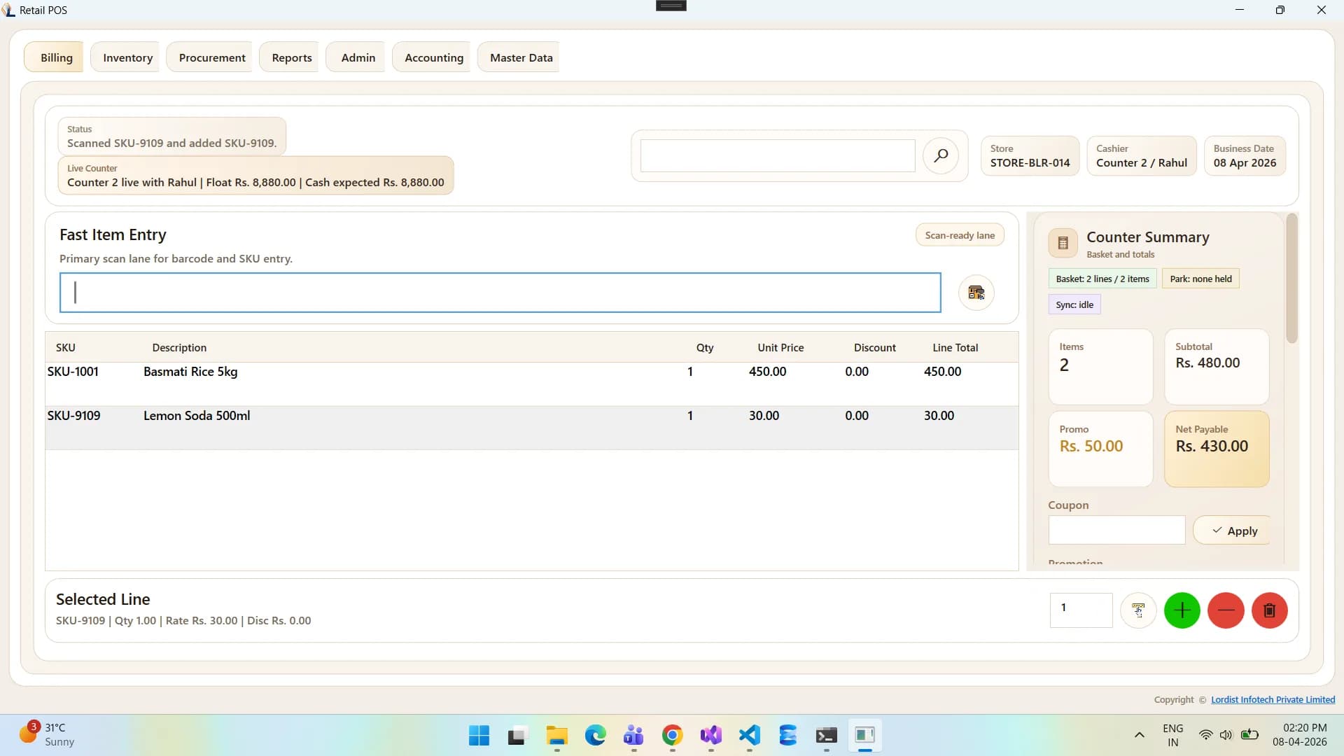 Retail POS invoice entry screen showing item selection, quantity updates, tax values, and final bill amount