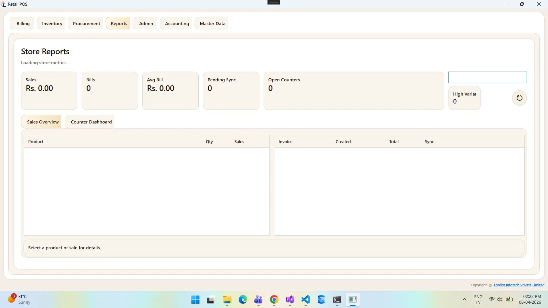 Retail POS customer billing screen showing checkout details, totals, and transaction actions