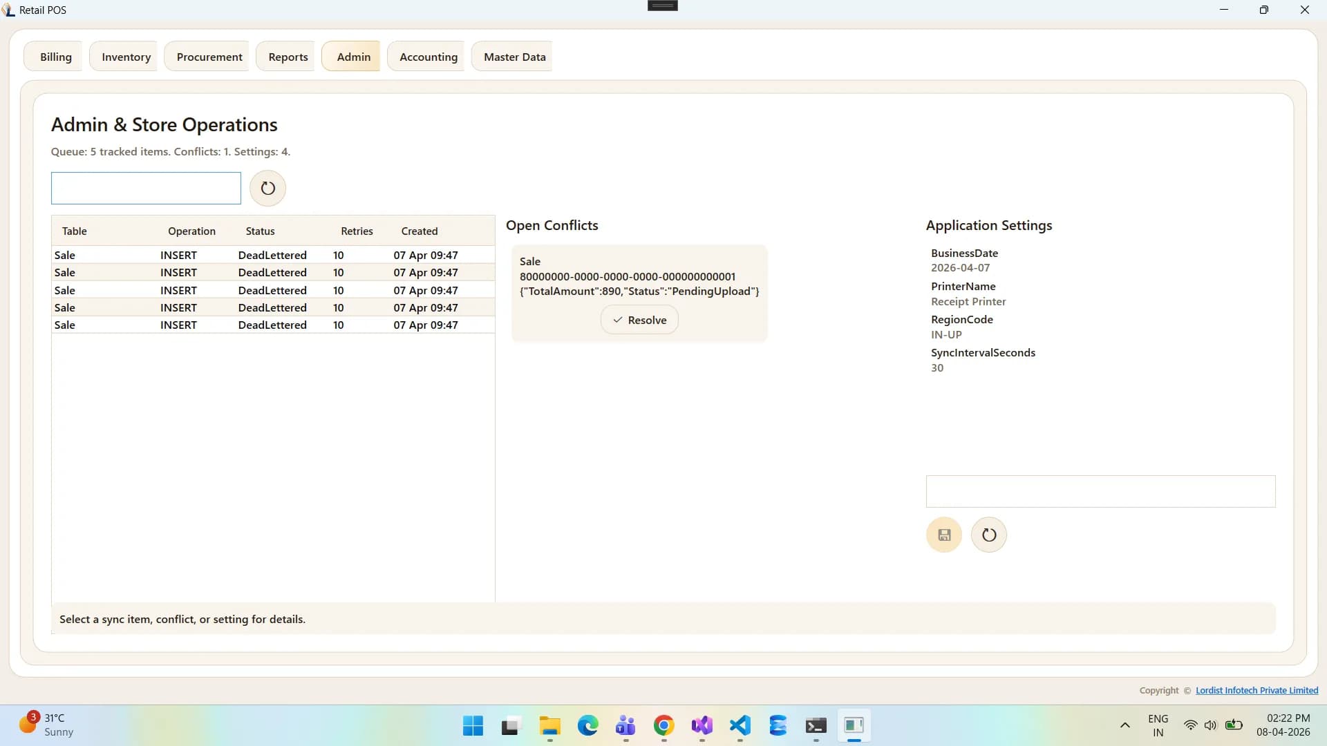 Retail POS reporting screen with billing metrics, sales summaries, and performance details