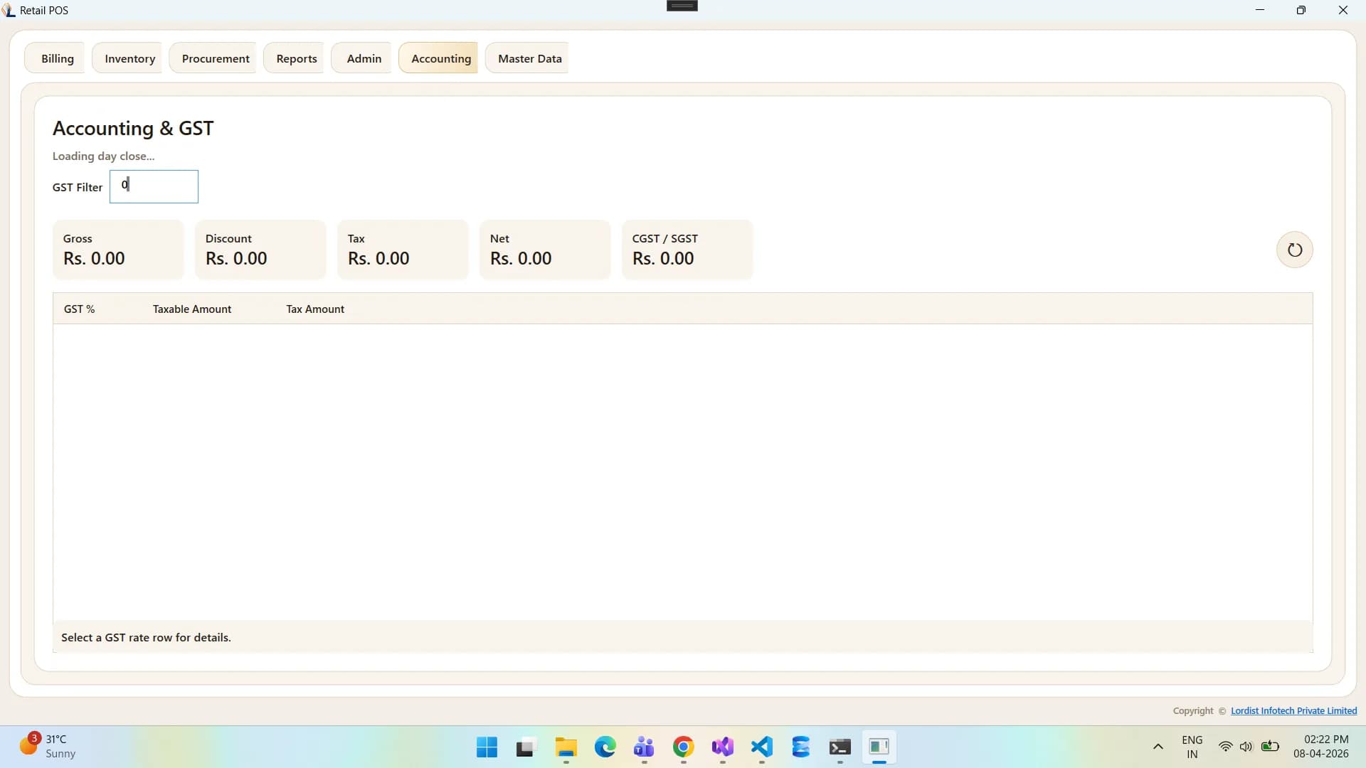 Retail POS order and billing record screen with transaction rows, values, and operational controls