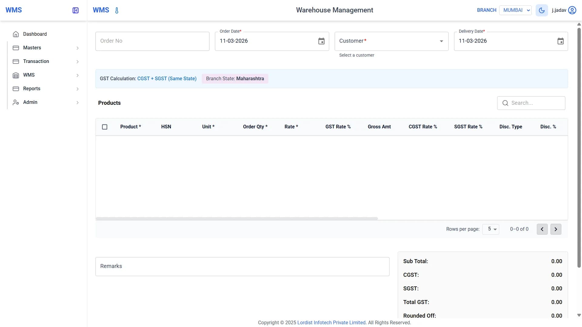 Warehouse management system sales order entry screen showing order date, customer selection, product list, GST rate, quantity, and order amount summary