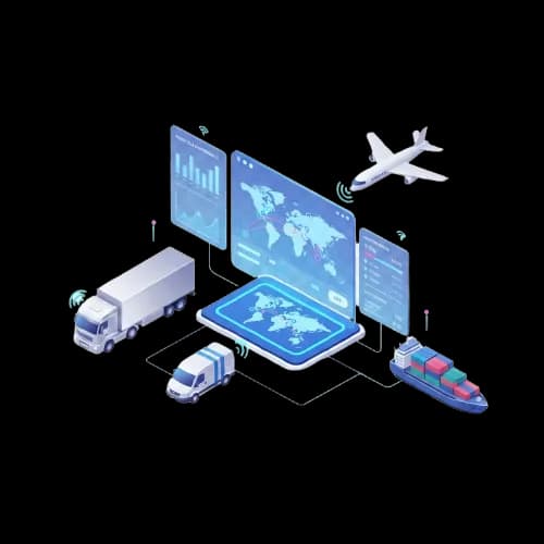 Illustration of transportation management system with truck, airplane, cargo ship, and digital logistics dashboard