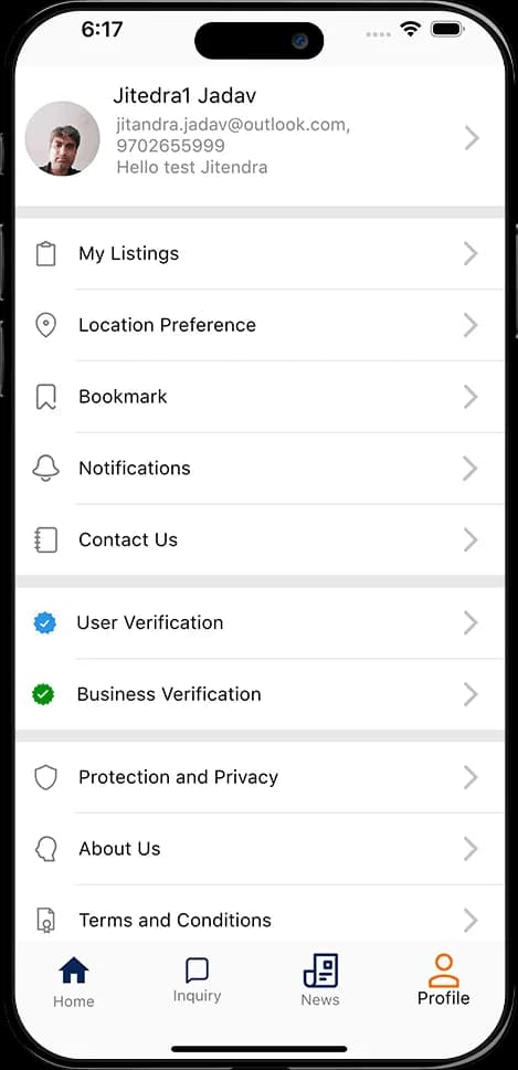 Mobile app profile screen showing user account details, listings, location preference, bookmarks, notifications, and verification options