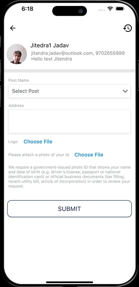 Mobile app user verification screen showing post selection, address field, logo upload, ID photo upload, and submit button