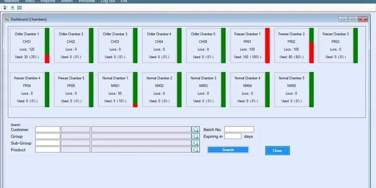 Warehouse management system dashboard showing chambers, storage locations, and inventory levels for efficient space management