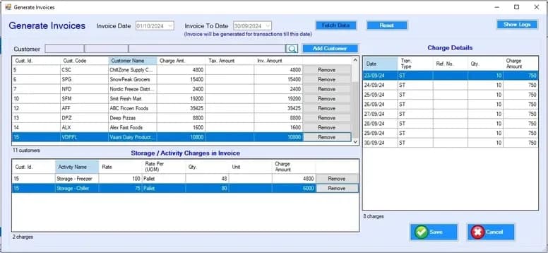 Warehouse management system generate invoices screen for billing management and automated invoicing