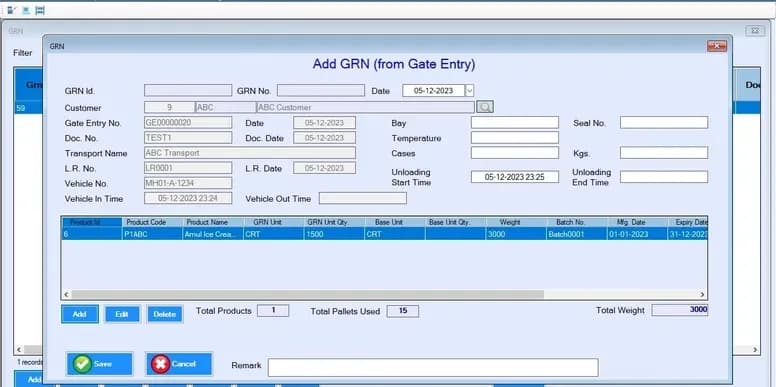 Warehouse management system GRN screen for entering goods receipt details with supplier and product information