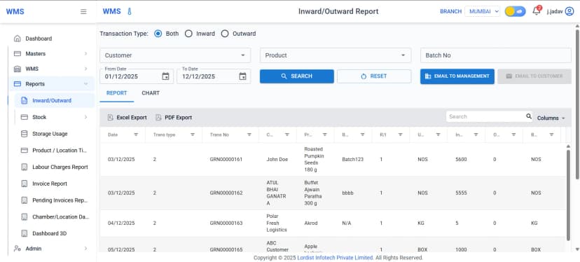 Warehouse management system inward and outward report screen showing product transactions, customer details, batch numbers, stock quantities and export options