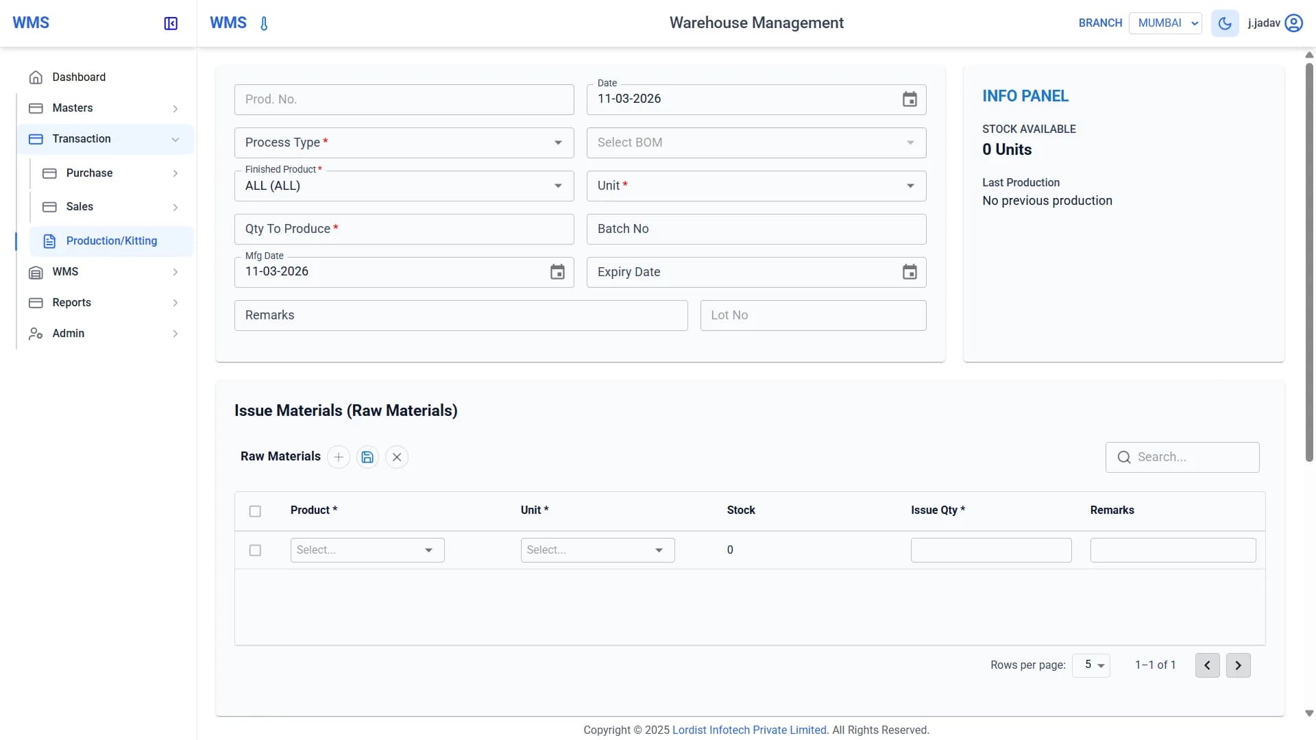 Warehouse management system production and kitting screen showing product details, batch number, manufacturing date, expiry date, and raw material issue table