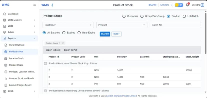 Warehouse management system product stock report showing customer filter, product filter, batch number search and inventory quantity table with export options