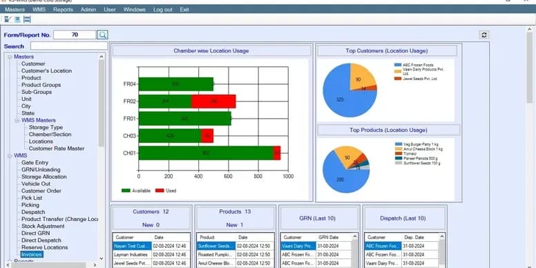 Warehouse management system main screen showing dashboard, inventory control, and navigation menu