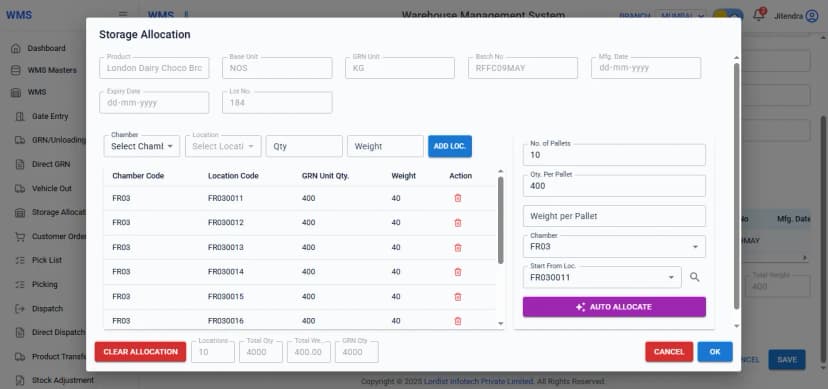 Warehouse management system storage allocation window showing chamber selection, location codes, pallet quantity, batch details and auto allocate option for inventory placement