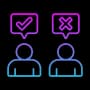 Two users with check and cross icons showing customer feedback, opinions, and decision making process