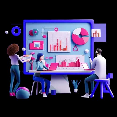 Illustration of a team analyzing mobile app analytics dashboard with charts, graphs, and performance data