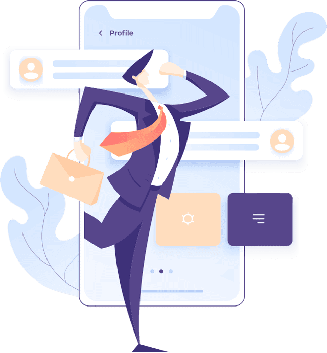 Business person interacting with mobile app profile screen showing user interface and app features