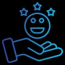 Hand holding smiling face with stars showing customer satisfaction, positive feedback, and good service experience