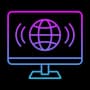 Computer screen with globe and signal waves showing mobile app development for iOS and Android platforms
