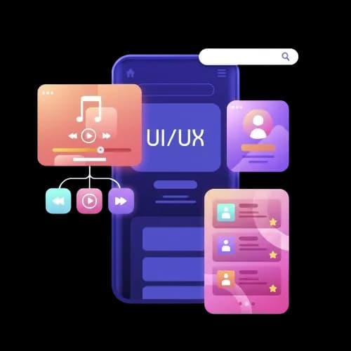 Mobile app screen with UI UX elements, user profiles, media controls, and interface components