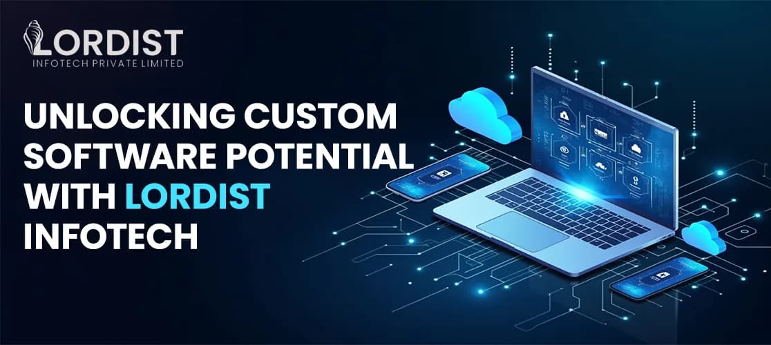 Custom Software Development Solutions by Lordist Infotech Laptop and mobile devices connected with cloud technology representing custom software development services