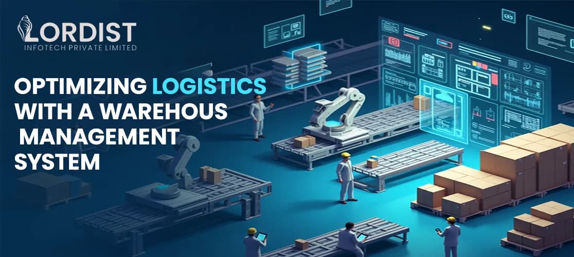 Logistics Optimization with Warehouse Management System Digital warehouse with robotic arms, workers, and data dashboards representing logistics operations using a warehouse management system