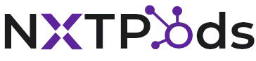 NXT Pods logo with modern typography and network node graphic