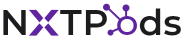 NXT Pods logo with modern typography and network node graphic