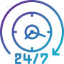 Clock icon with 24/7 text showing continuous service and all-day customer support