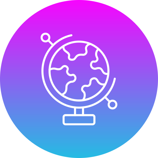 Globe icon with circular orbit lines representing global connectivity and international reach
