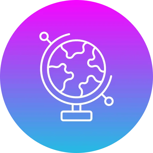 Globe icon with circular orbit lines representing global connectivity and international reach