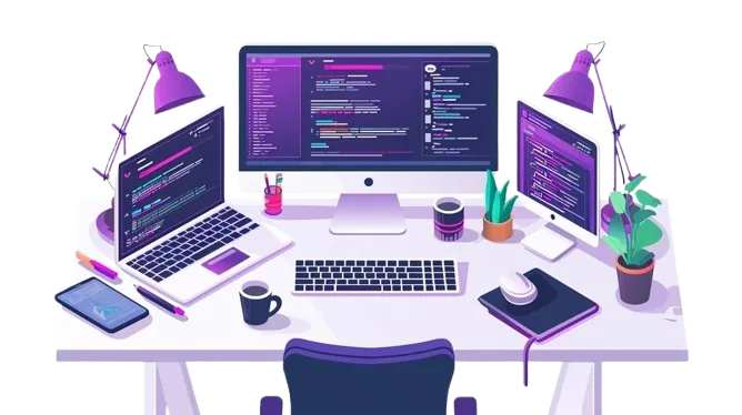 Illustration of a web development workspace with desktop, laptop, tablet, and screens showing code