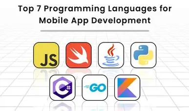 Top 7 Programming Languages for Mobile App Development in 2025 Icons of the top programming languages used for mobile app development including JavaScript, Swift, Java, Python, C#, Go, and Kotlin