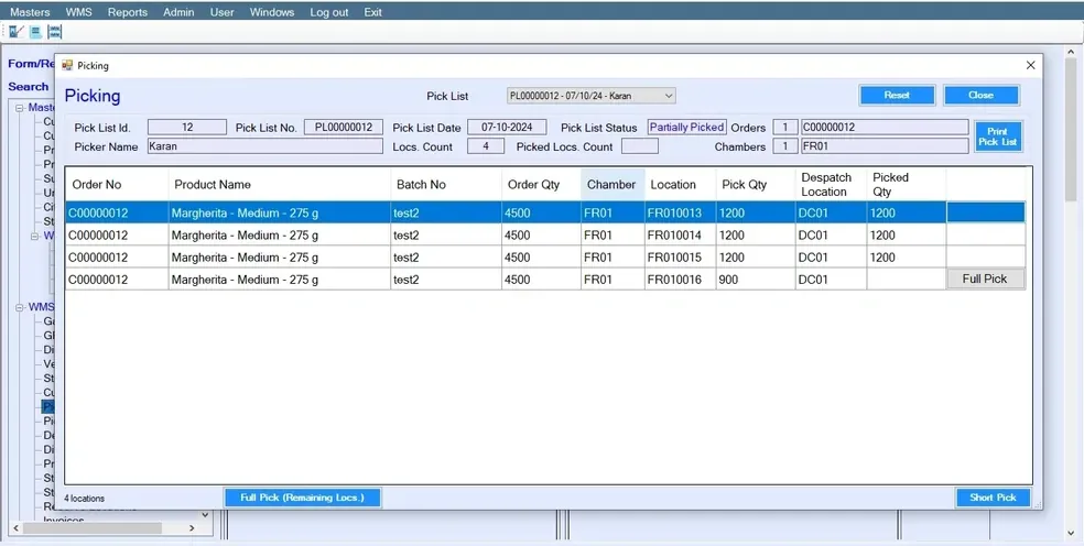 Warehouse Order Picking Dashboard for Inventory and Dispatch Management Warehouse management system screen showing order picking list with product details, batch numbers, locations, and picked quantity