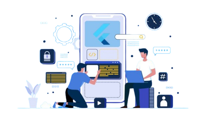 Developers working on mobile app interface with coding elements, settings icons, and user features