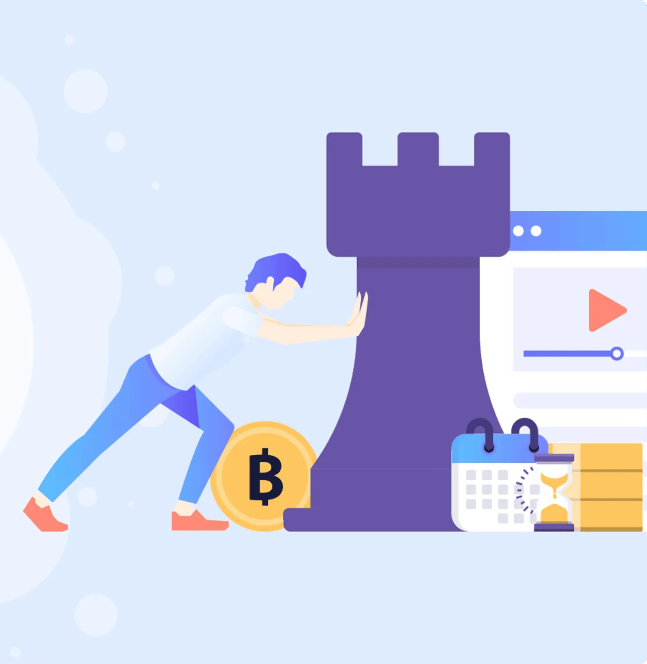 Illustration of a person pushing a chess rook with bitcoin coin, calendar, and digital screen representing strategy and planning