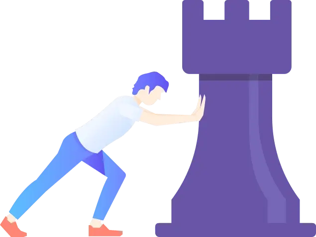 Illustration of a person pushing a large chess rook symbolizing business strategy and planning