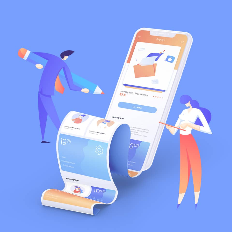 Illustration of mobile app interface with designers working on smartphone UI layout and features