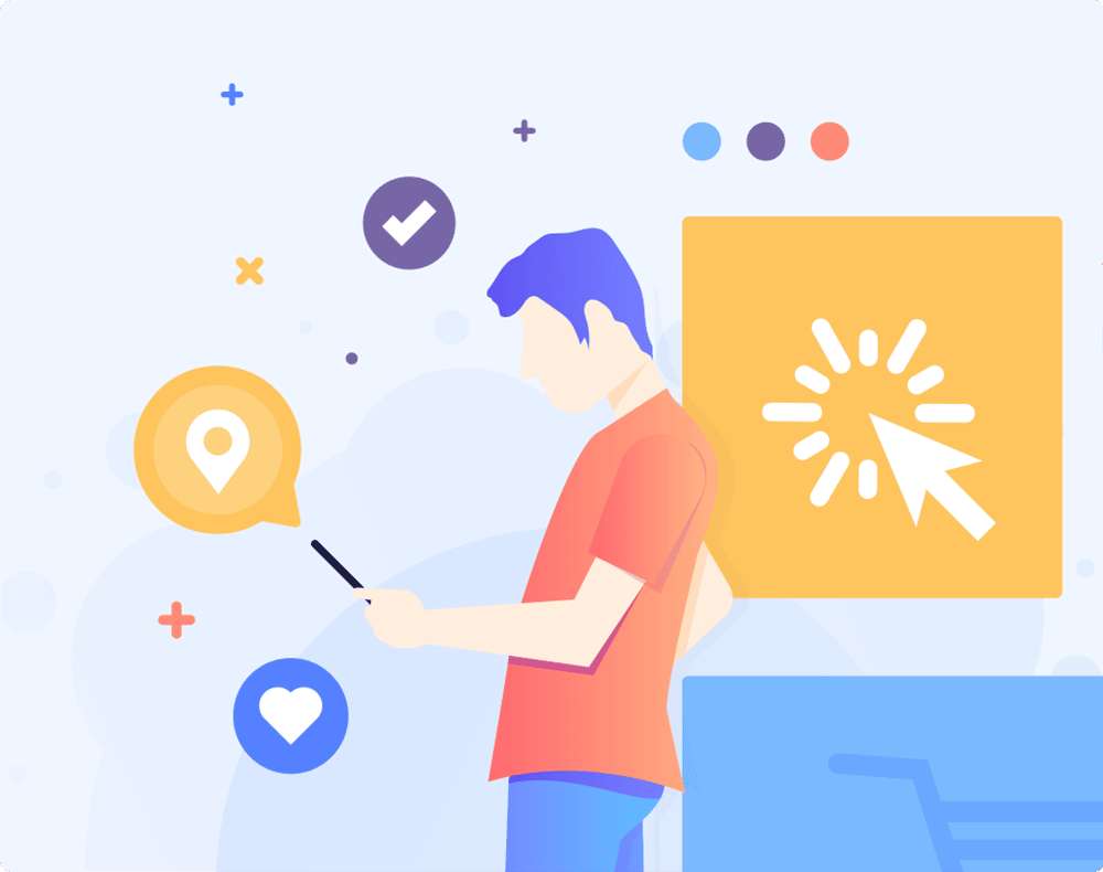 Illustration of a person using a smartphone with social icons, location pin, and click interaction symbol