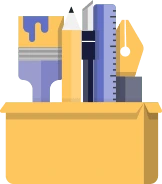 Illustration of a stationery holder containing pencil, ruler, and pen on a workspace desk