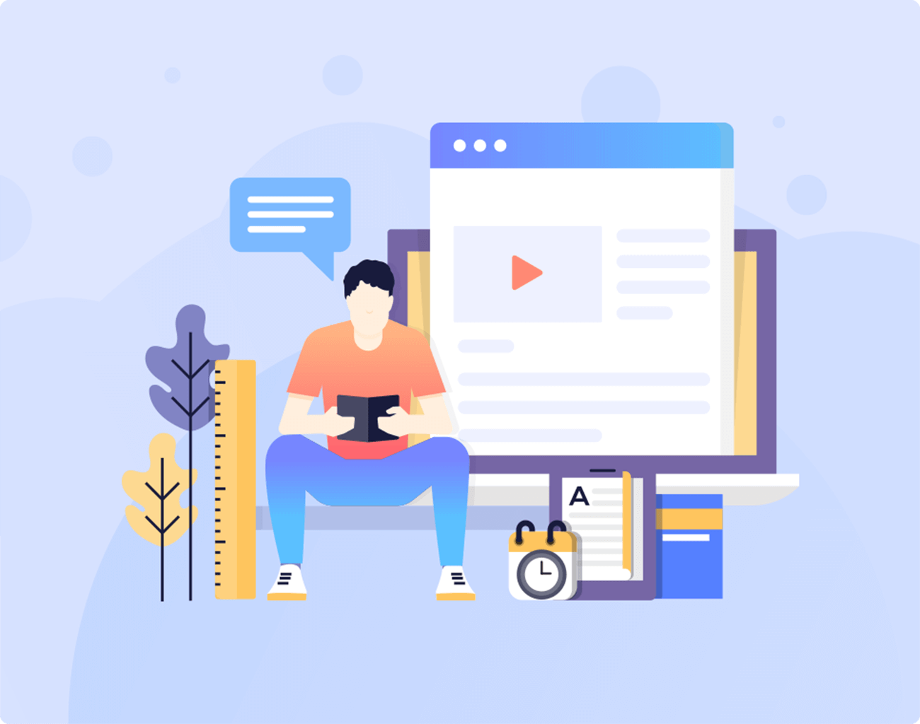 Illustration of a student using a tablet in front of an online video learning platform with notes and calendar